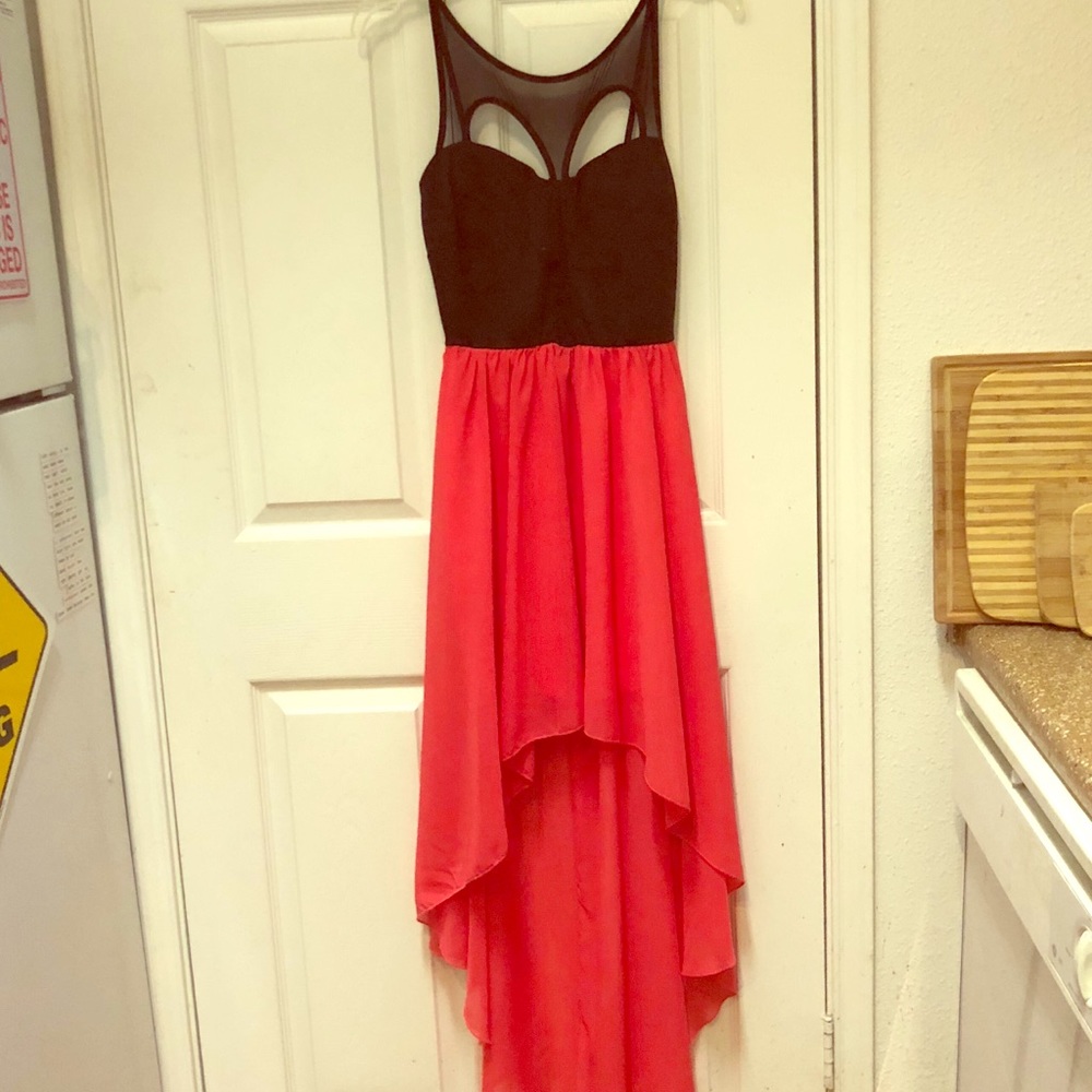 Hi low black and coral dress